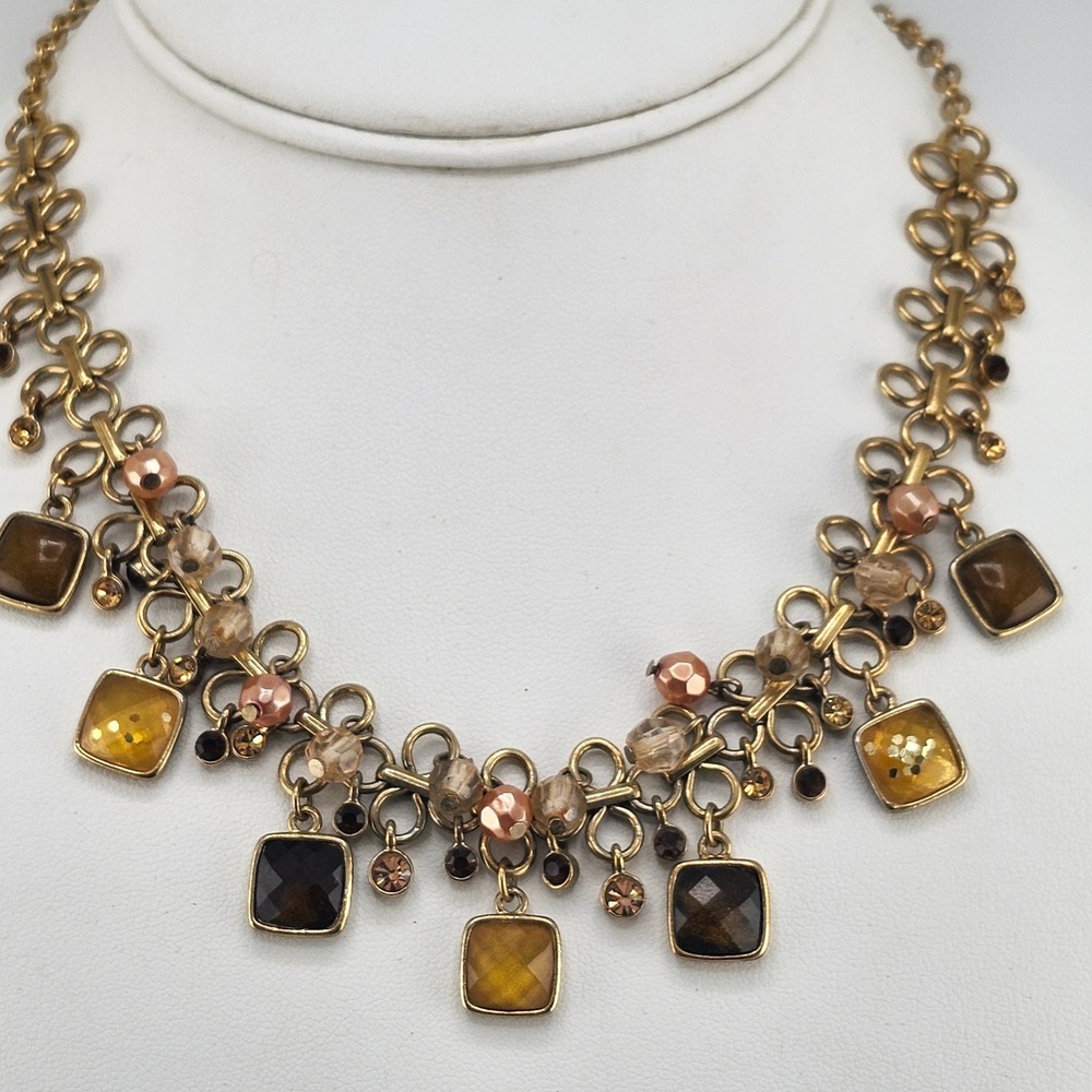 Gold Tone Statement Necklace with Square Beads and Rhinestones Boho Jewelry